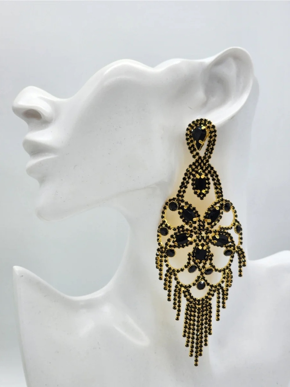 Elegant Black and Gold Statement Chandelier Earrings